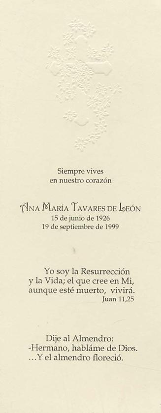 Recuerdo misa  D. Ana María Tavares de León, 19, Sept., 1999