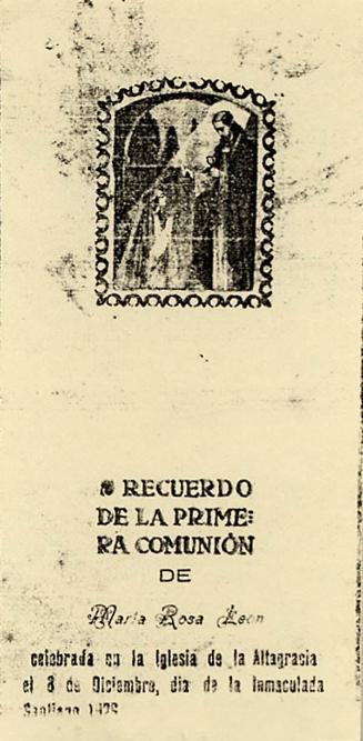 Recuerdo de la primera comunión de María Rosa León A., 8 Dic., 1929