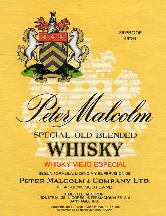 Etiqueta frontal, whisky Peter Malcolm