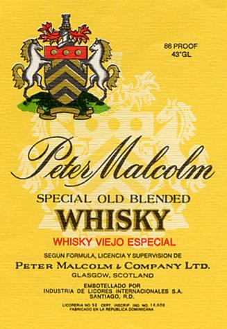 Etiquetas frontales, whisky Peter Malcolm
