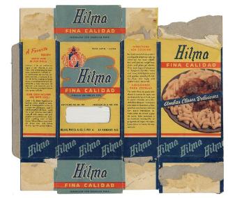 Caja troquelada con impresos de los macarrones marca Hilma